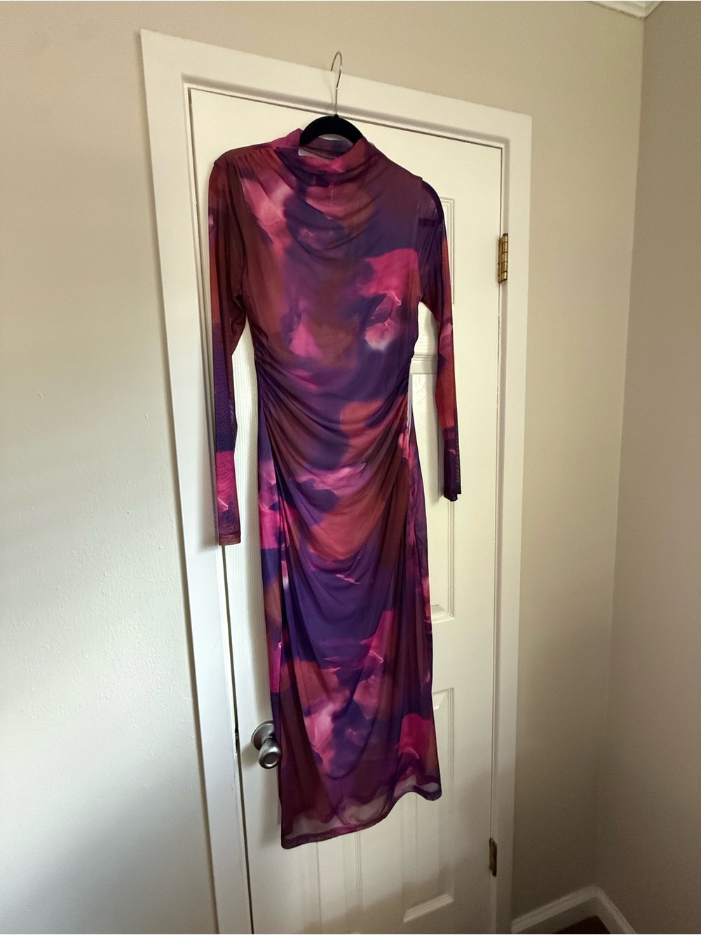 Draped Long-Sleeve Purple & Pink Maxi Dress